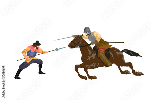 Horse rider man clash with halberd man conquistador cartoon retro style vector illustration
