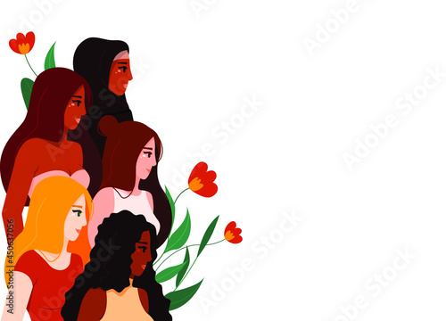 Banner with women of different nationalities and cultures and flowers. Vector illustration of sisterhood in hand drawn flat style.
