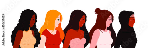 Set of women of different nationalities and cultures. Vector illustration of sisterhood in hand drawn flat style.