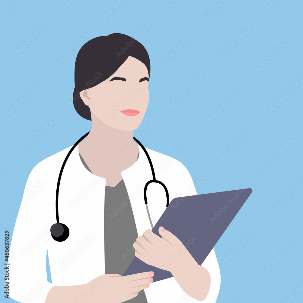 Illustration of female doctor with magazine and stethoscope. Faceless style. Flat illustration. colorful background. Illustration of female doctor with magazine and stethoscope. Faceless style. Flat illustration. colorful background.