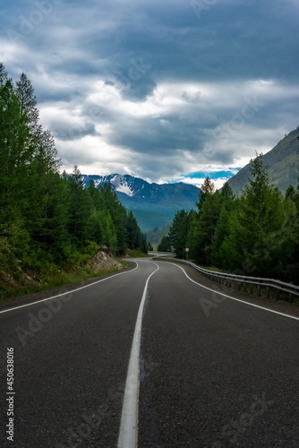 Asphalt highway among the spruce forest leading to the mountains in the Altai Mountains © Vitaliy