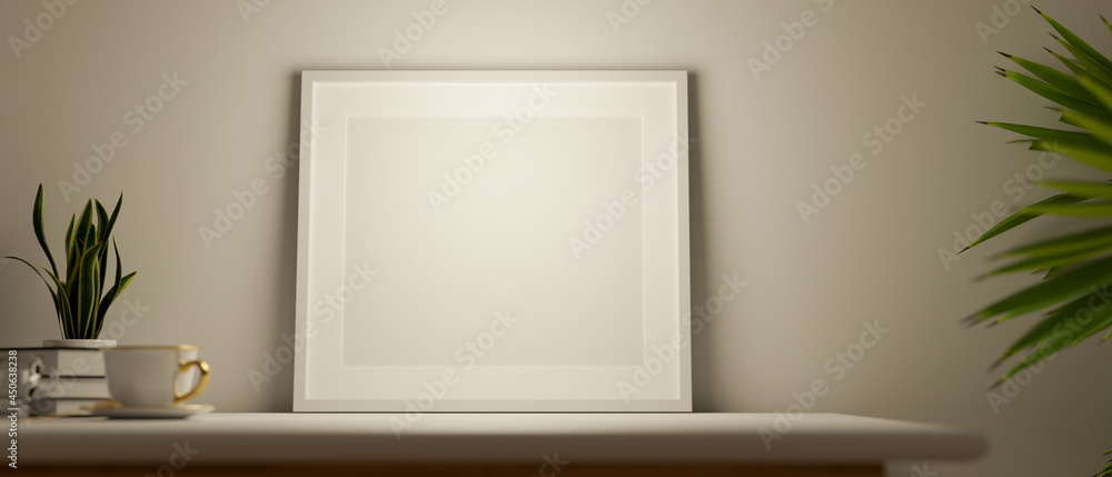 Mockup poster on top table in home interior background, indoor plants, Scandi-boho style