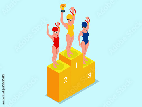 Award for female swimmer winning in a competition 3d isometric vector illustration concept for banner, website, landing page, ads, etc