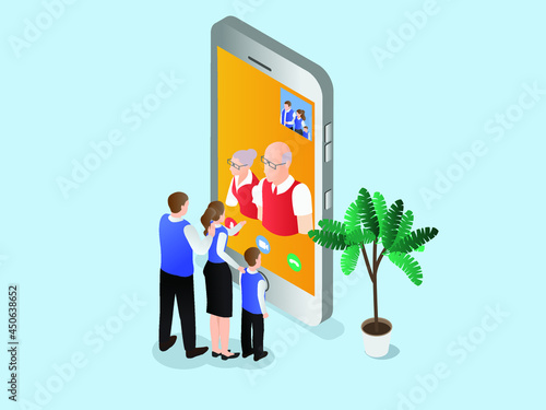 Family having a video call using a cellphone 3d isometric vector illustration concept for banner, website, landing page, ads, etc