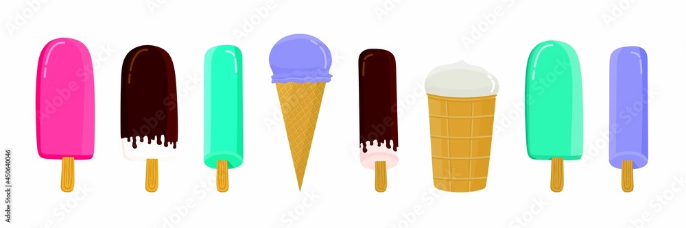 Ice cream set on a white isolated background. Use for a postcard, background, application on a fabric or souvenir products. Ice cream set on a white isolated background. Use for a postcard, background, application on a fabric or souvenir products.
