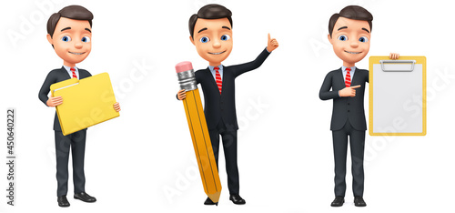 Cartoon character businessman points to tablet. 3d render. Cartoon character businessman holds pencil and shows thumb up. Cartoon character businessman holds folder.