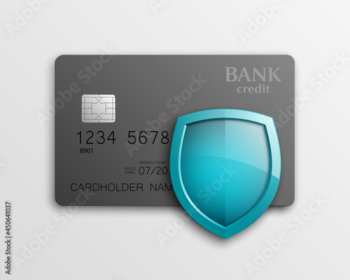 Protection shield Credit card. Safety badge banking icon. Defense safeguard finans icon. Security Plastic card software. Debit card guard electromagnetic chip. Privacy Electronic money funds transfer.