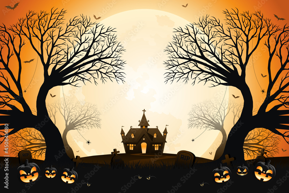 Halloween smiling pumpkin faces, haunted house and spooky trees with moonlight on orange background.