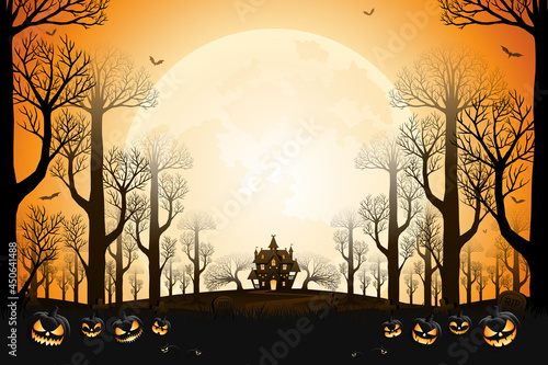 Halloween scary pumpkin faces, haunted house and spooky trees with moonlight on orange background.