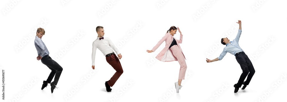 Happy office workers dancing in casual clothes or suit on white. Ballet dancers. Business, start-up, working open-space, motion and action concept.