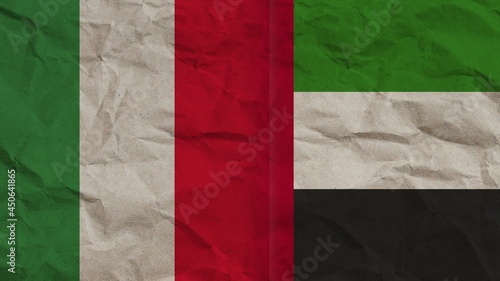 United Arap Emirates and Italy Flags Together, Crumpled Paper Effect Background 3D Illustration
