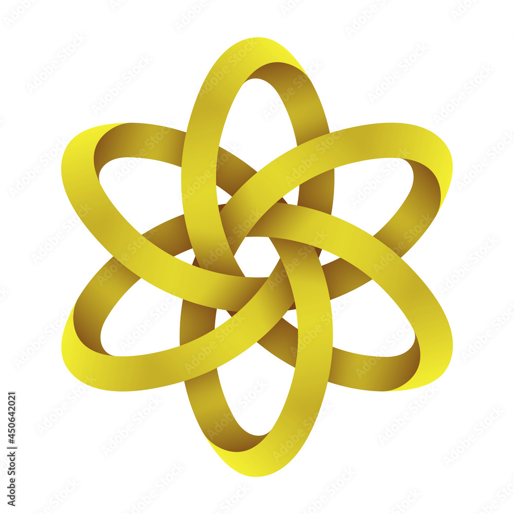 Symbol of atom structure model made of intertwined gold mobius stripes. Technological concept of nuclear power. Symbol of atom structure model made of intertwined gold mobius stripes. Technological concept of nuclear power.