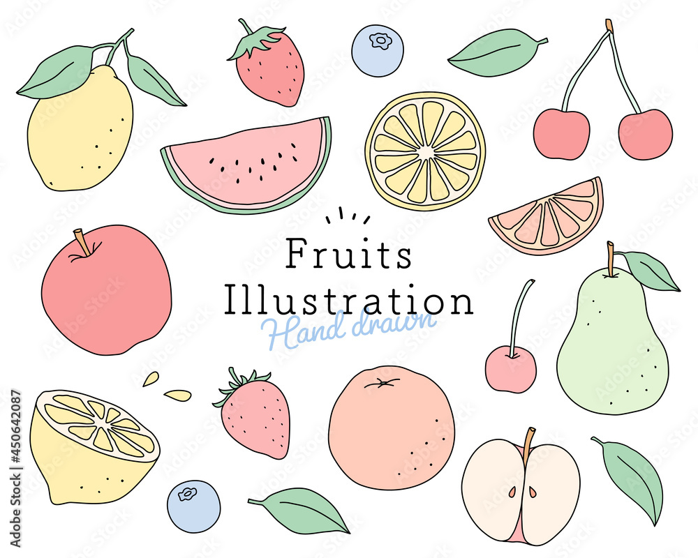 果物 フルーツの手描きイラストのセット 果実 かわいい イチゴ リンゴ オレンジ スイカ レモン Stock Vector Adobe Stock