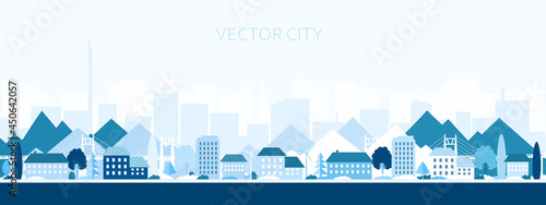 Vector poster with the city in blue. Modern city with trees, buildings and a bridge.