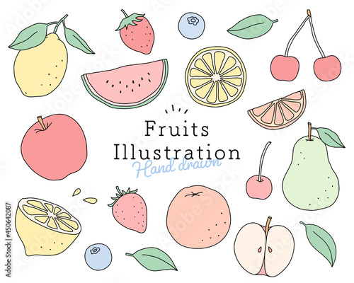 果物・フルーツの手描きイラストのセット　果実　かわいい　イチゴ　リンゴ　オレンジ　スイカ　レモン