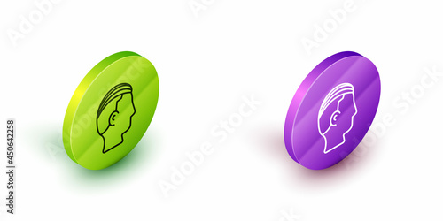 Isometric line Hairstyle for men icon isolated on white background. Green and purple circle buttons. Vector