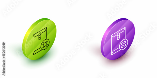 Isometric line Delete envelope icon isolated on white background. Delete or error letter. Cross on message. Rejected mail. Green and purple circle buttons. Vector