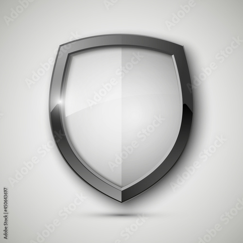 Protected steel guard shield concept. Safety badge steel icon. Privacy metal banner shield. Security metal label. Defense tag. Presentation chrome sticker shape. Defense safeguard shield steel sign