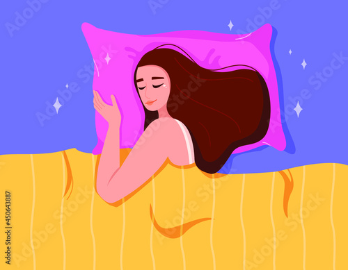 A woman sleeps in bed lying on a pillow and covered with a blanket. Vector hand drawn flat illustration. 