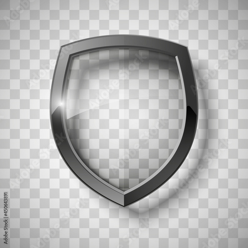 Protect guard glass shield concept. Safety badge protection icon. Privacy transparent banner shield. Security glass label. Presentation transparent sticker shield. Defense safeguard sign badge