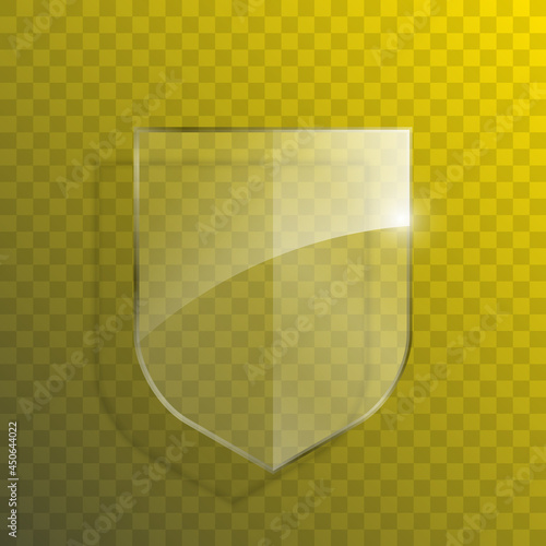 Protect guard glass shield concept. Safety badge protection icon. Privacy transparent banner shield. Security glass label. Presentation transparent sticker shield. Defense safeguard sign badge