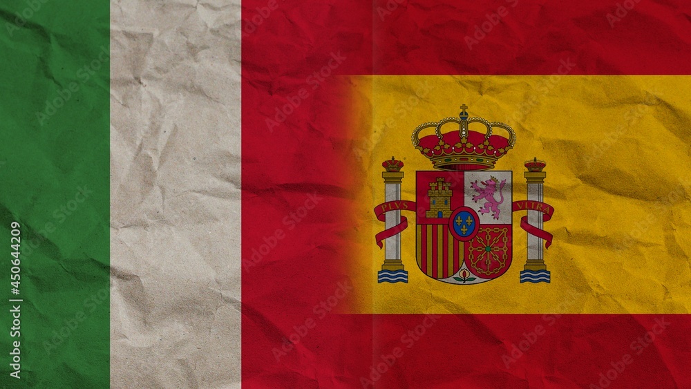 Fototapeta premium Spain and Italy Flags Together, Crumpled Paper Effect Background 3D Illustration