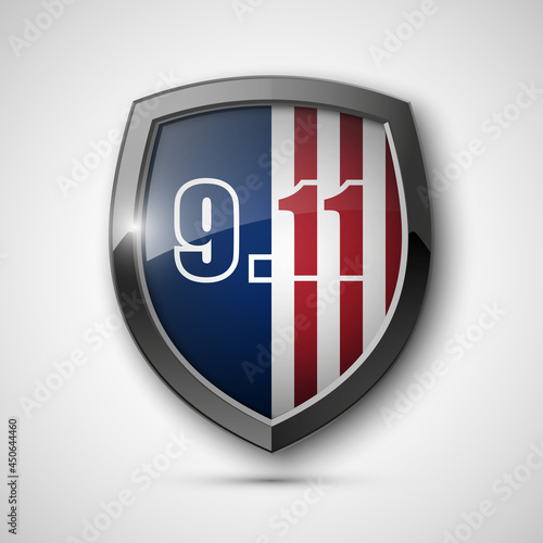 9/11 Patriot Day Poster Template, National holiday in the United States, September 11 in memory. We will never forget. America Shield with Flag Background. illustration for Patriot Day 9.11