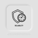 Reliability, time-tested thin line icon. Shield with clock. Symbol of support. Vector illustration.