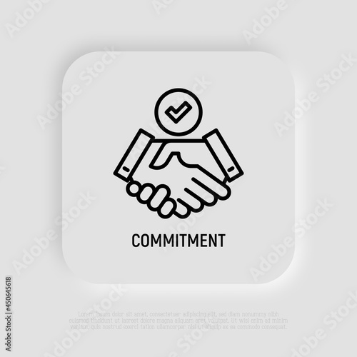Commitment, approved, partnership, collaboration, resolution thin line icon. Handshake with tick. Vector illustration.