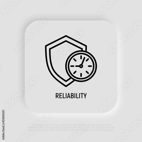 Reliability  time-tested thin line icon. Shield with clock. Symbol of support. Vector illustration.
