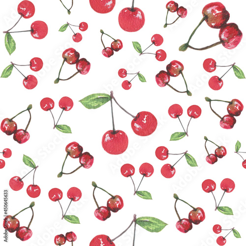 Seamless pattern Cherry. Watercolor painted collection of vegetables. Handmade fresh food design elements isolated.
