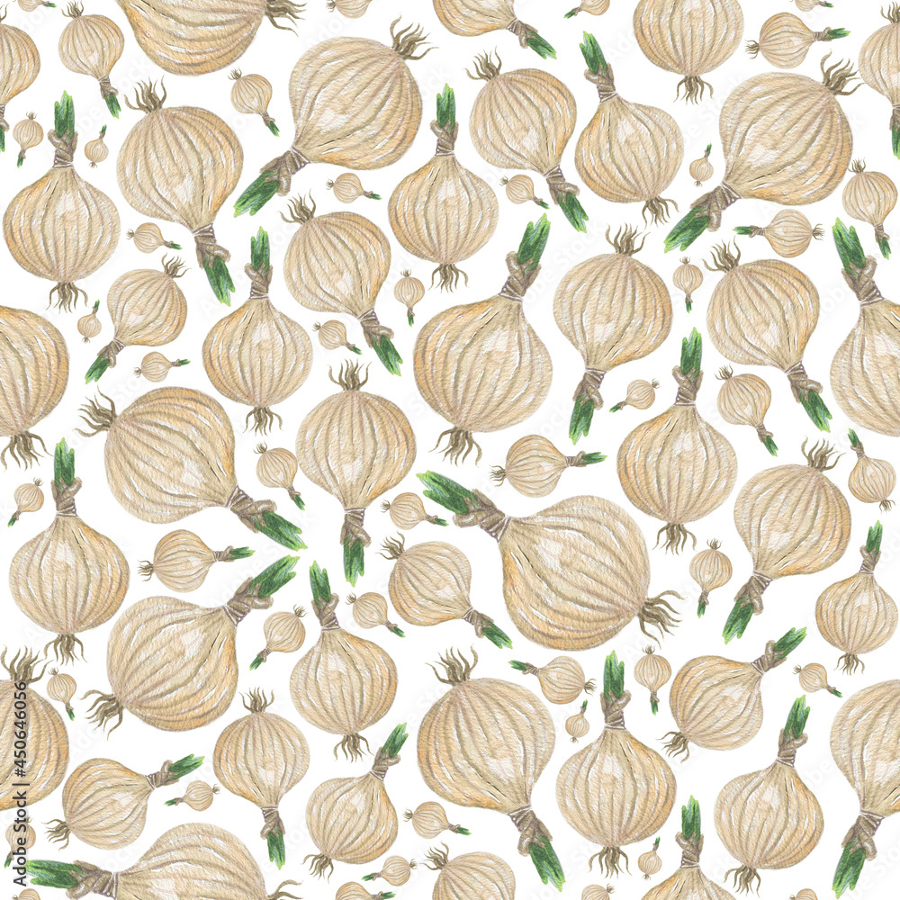 Seamless pattern Onions. Hand painted watercolor. Handmade fresh food design elements isolated. Seamless pattern Onions. Hand painted watercolor. Handmade fresh food design elements isolated.