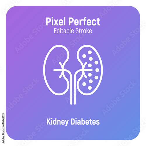 Kidneys diabetes thin line icon. Chronic disease. Pixel perfect, editable stroke. Vector illustration.
