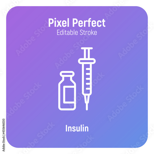 Insulin: ampoule and syringe. Thin line icon. Medical treatment for diabetes. Pixel perfect, editable stroke. Vector illustration.