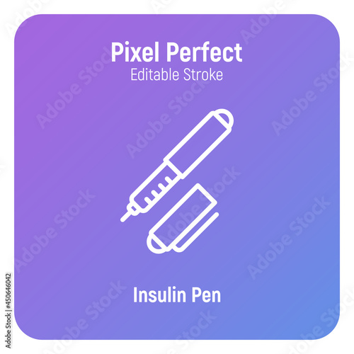 Insulin pen thin line icon. Portable diabetes treatment. Medical equipment. Pixel perfect, editable stroke. Vector illustration.