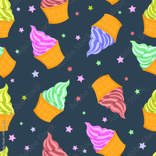 Pattern of beautiful and tasty ice cream on a grey background. Vector hand drawn flat illustration.