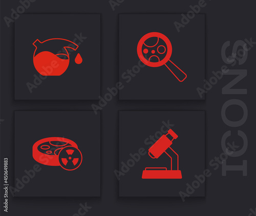 Set Microscope, Test tube, Microorganisms under magnifier and with toxic liquid icon. Vector