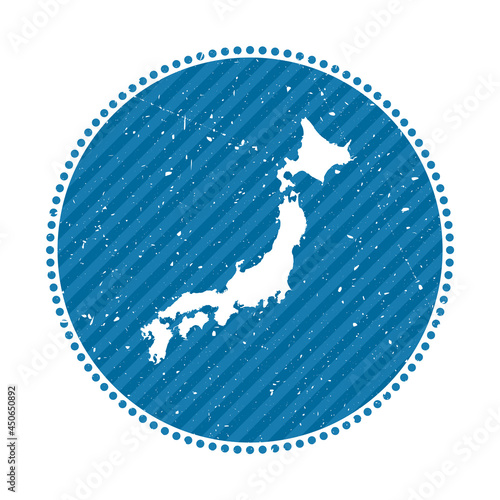 Japan striped retro travel sticker. Badge with a map of the country, vector illustration. Can be used as an insignia, logotype, label, sticker, or badge of Japan.