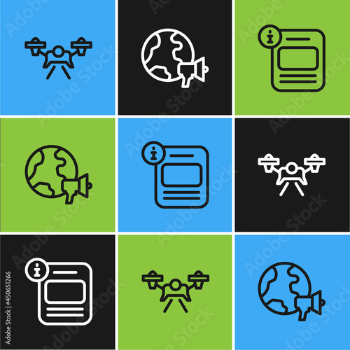 Set line Drone, Information and World news icon. Vector