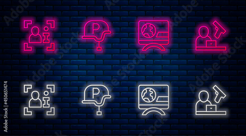 Set line War journalist, Breaking news, Television report and Crime. Glowing neon icon on brick wall. Vector