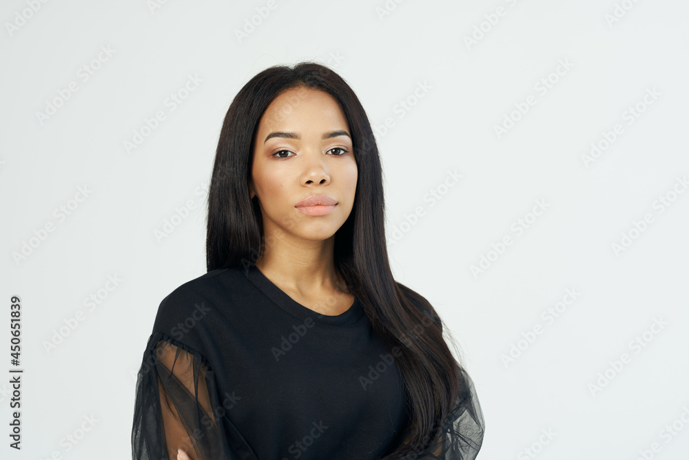 attractive african american dark long hair makeup cropped view attractive african american dark long hair makeup cropped view
