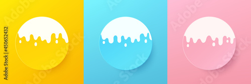 Set of abstract bright yellow, blue and pink pastel color circle frame with white melting fluid design for cosmetic product. Collection of minimal geometric background with copy space. Top view scene.