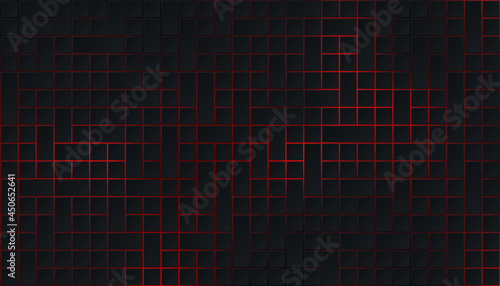 Dark black square pattern on glowing red neon abstract background in technology style. Modern futuristic geometric shape web banner design. You can use for cover template, poster. Vector illustration