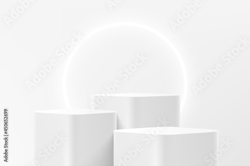 Abstract 3D white steps round corner cube pedestal or stand podium with glowing neon ring backdrop. White minimal wall scene for product display presentation. Vector geometric rendering platform. photo