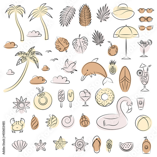 Set of beach summer elements. Abstract design. Outline illustration