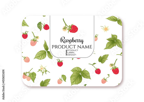 Raspberry. Ripe berries on branch. Template for product label, cosmetic packaging. Easy to edit. Graphic drawing, engraving style. Vector illustration..