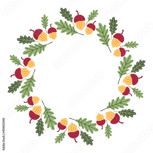 Beautiful traditional autumn wreath of oak leaves and acorns. Round floral frame with copyspace. Decorative element for design of greeting card, invitation, label, packaging. Thanksgiving, Harvest Day