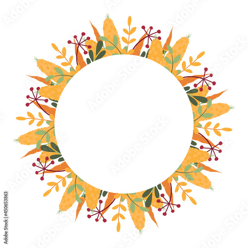 Unusual round frame of corn, carrots, berries and fallen leaves. Generous autumn vegetable wreath for Thanksgiving, harvest day, seasonal holiday. Beautiful flat clipart for cards, posters and banners