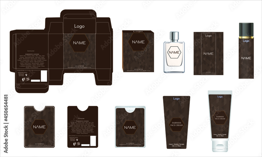 Packaging design, luxury perfume box, pocket perfume, deo design and face cream template and mock up box. Illustration vector.