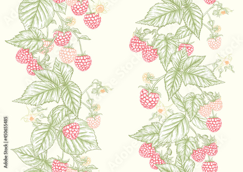 Raspberry. Ripe berries on branch. Seamless pattern, background. Graphic drawing, engraving style. Vector illustration on black background.